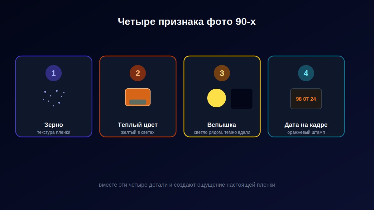Схема с четырьмя признаками фото в стиле 90-х: зерно, теплый цвет, вспышка и дата на кадре