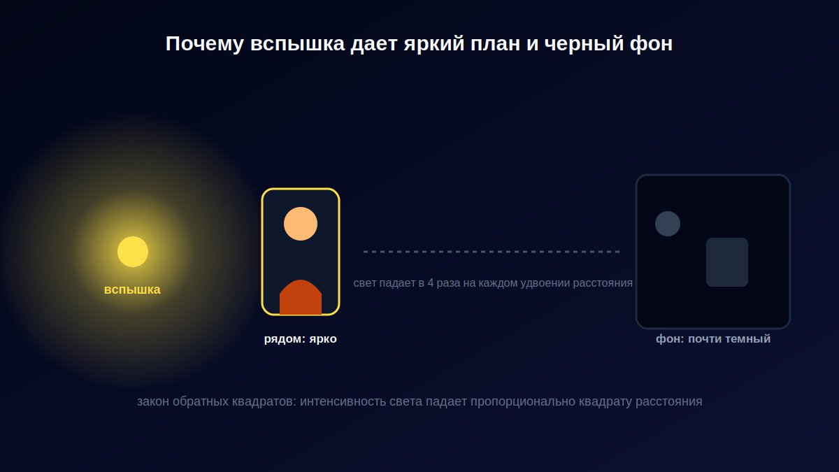 Диаграмма затухания света от вспышки: ярко у объекта, темно на удалении