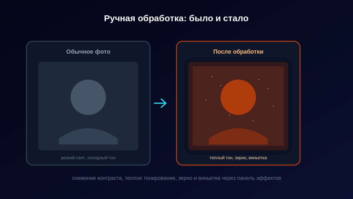 Обычное цифровое фото рядом с результатом ручной ретро-обработки 90-х