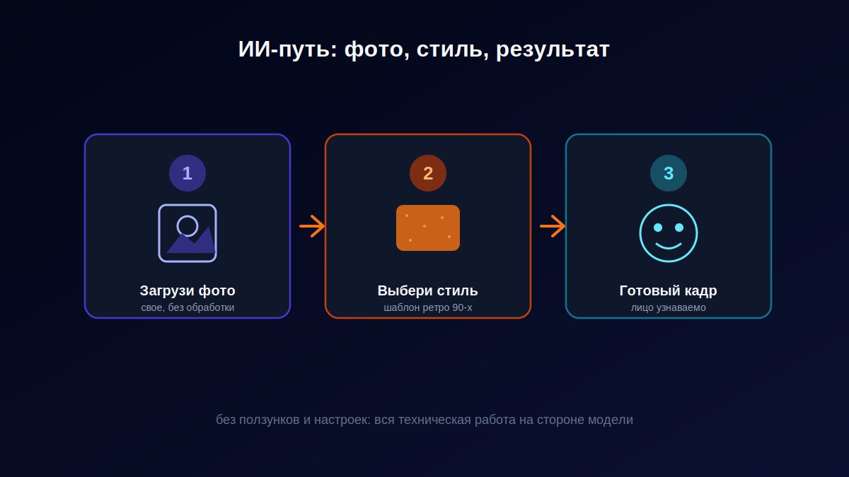 Три шага ИИ-генерации ретро-фото: загрузка фото, выбор стиля, готовый результат