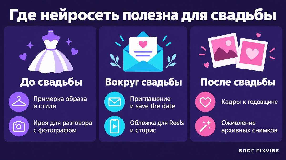 Схема: три этапа, на которых нейросеть полезна для свадьбы