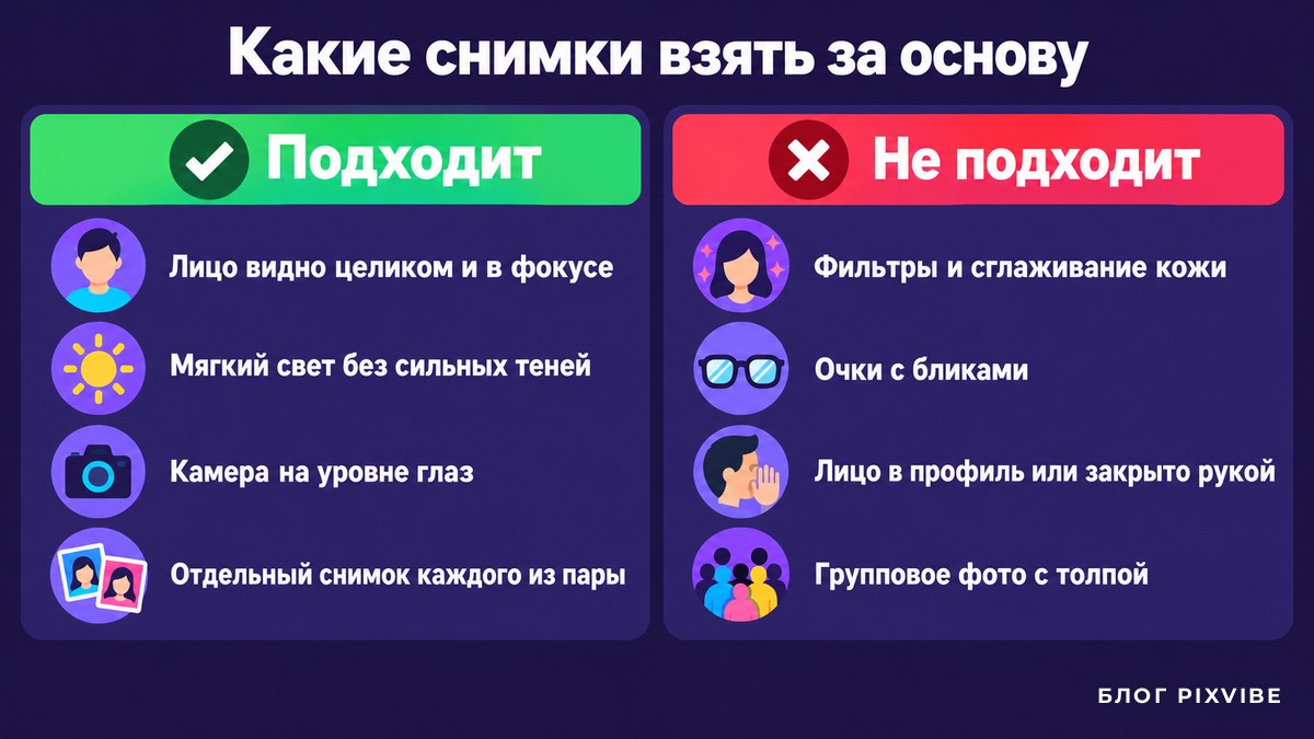 Схема: какие снимки подходят и не подходят для свадебной генерации