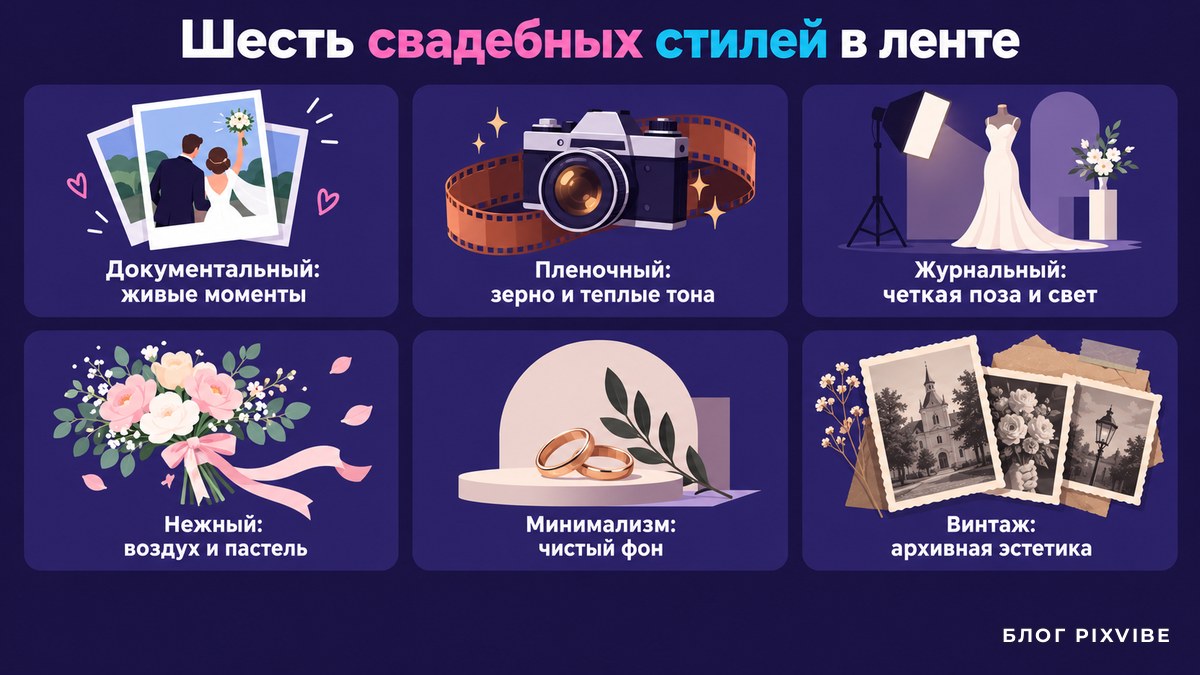 Схема: шесть стилей свадебной фотосессии с короткими пояснениями