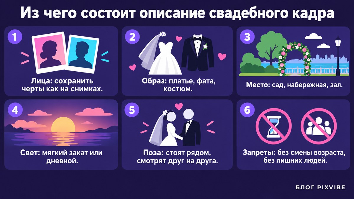 Схема: шесть блоков описания свадебного кадра для нейросети