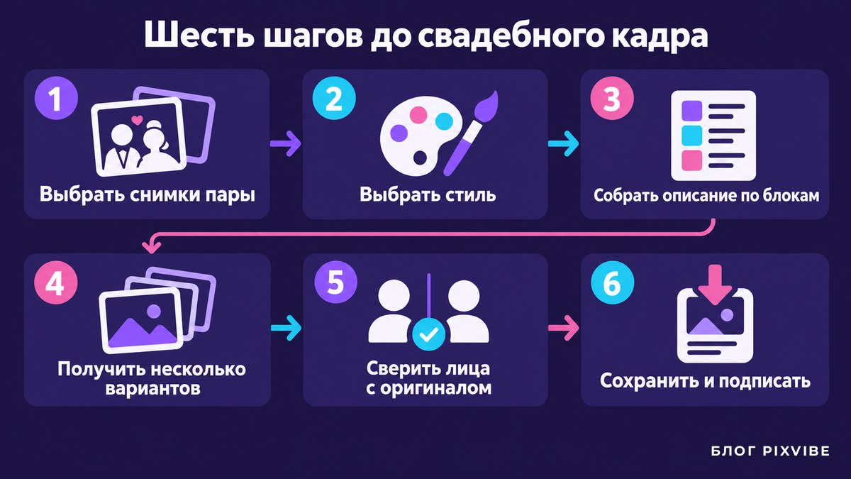 Схема: шесть шагов от выбора снимков до готового свадебного кадра