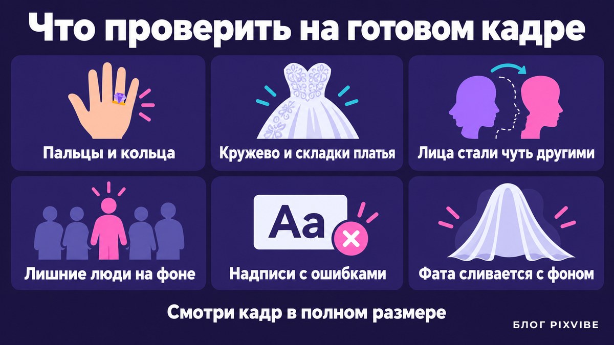 Схема: шесть ошибок нейросети, которые стоит проверить на свадебном кадре