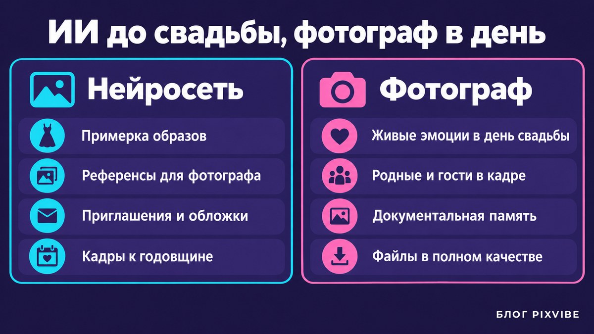 Схема: что делает нейросеть до свадьбы и что остается фотографу в день