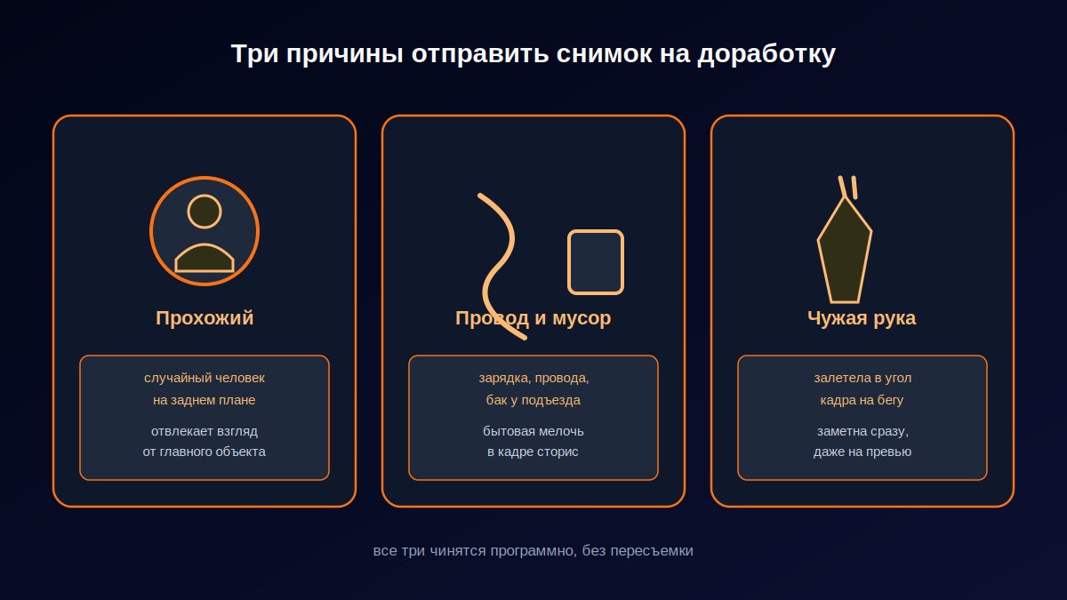 Три типичных лишних объекта в кадре: прохожий, провод, чужая рука