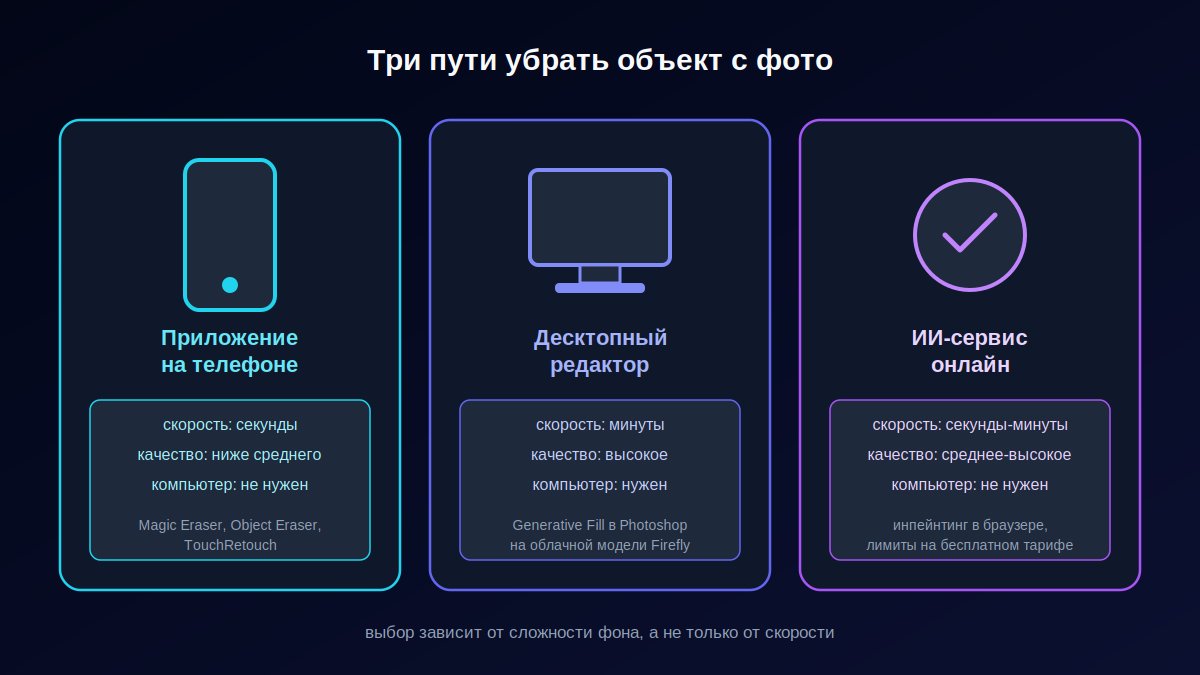 Сравнение трех способов удаления объекта с фото: телефон, десктоп, ИИ-сервис