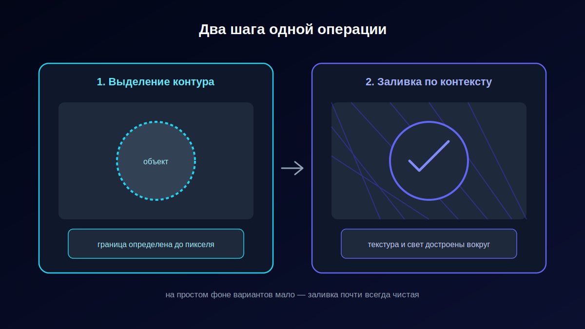 Схема принципа удаления объекта нейросетью: выделение контура и заливка по текстуре фона