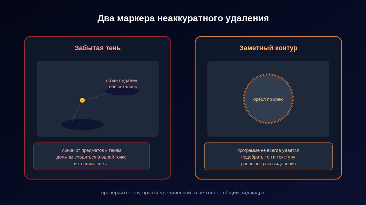 Типичные ошибки неаккуратного удаления объекта с фото: забытая тень и видимый контур