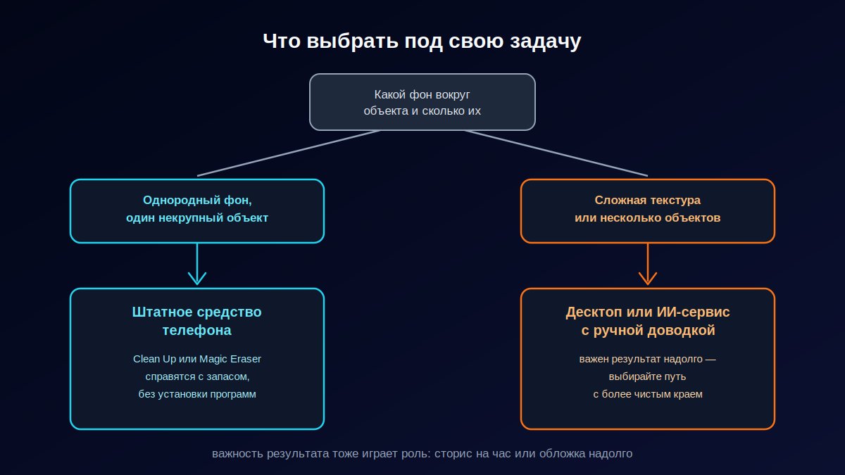 Схема выбора способа удаления объекта с фото по типу фона и числу объектов