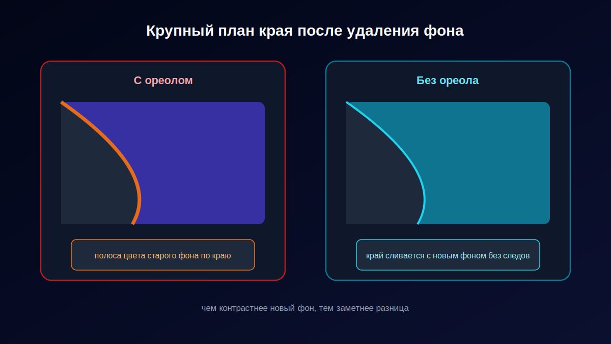 Схема ореола на краю объекта после удаления фона: полоса старого цвета на новом фоне