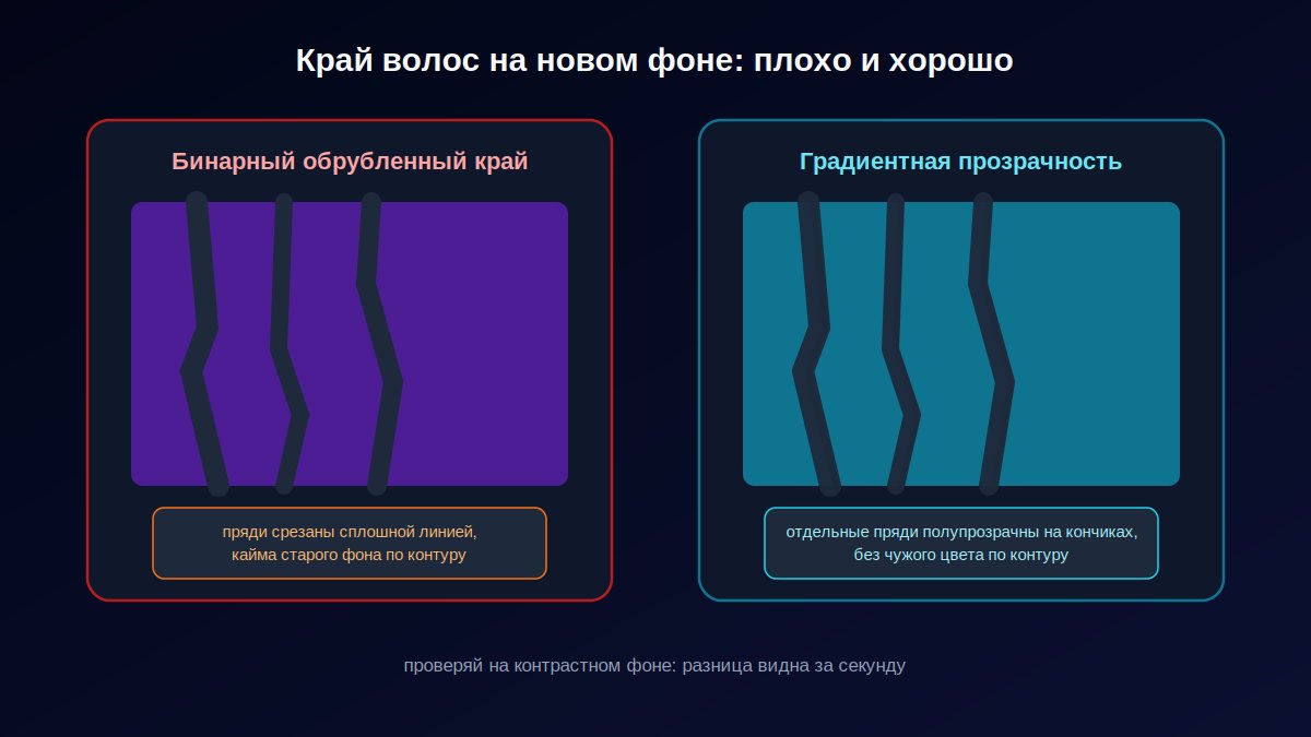 Схема края волос после удаления фона: плохой результат с ореолом против чистой градиентной прозрачности