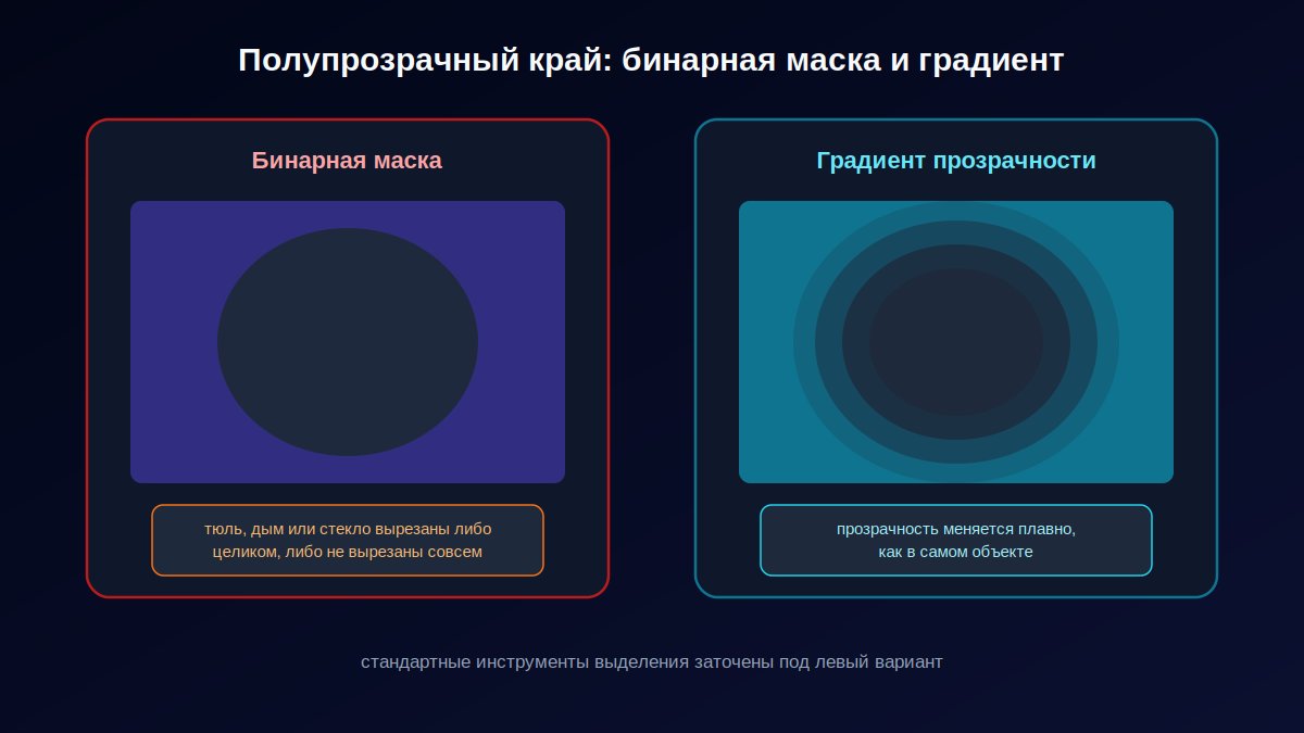 Схема прозрачного края на фото: бинарная маска против градиента прозрачности на тюле или стекле