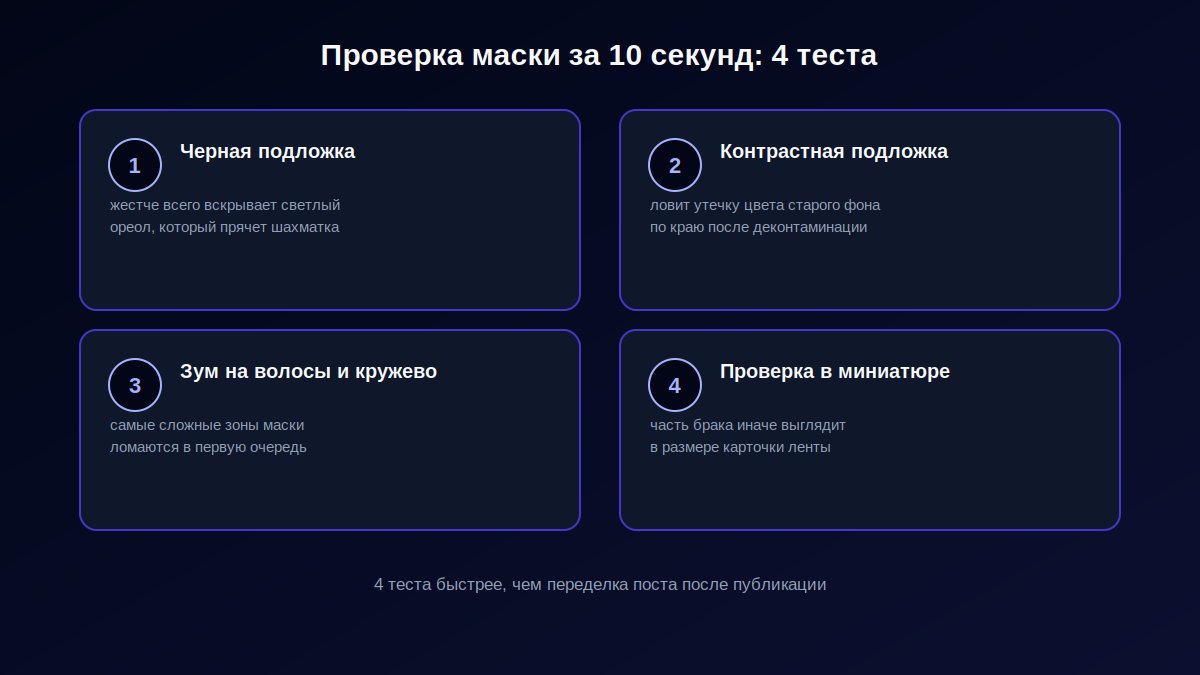 Чек-лист проверки маски после удаления фона: черная подложка, зум на волосы, проверка миниатюры