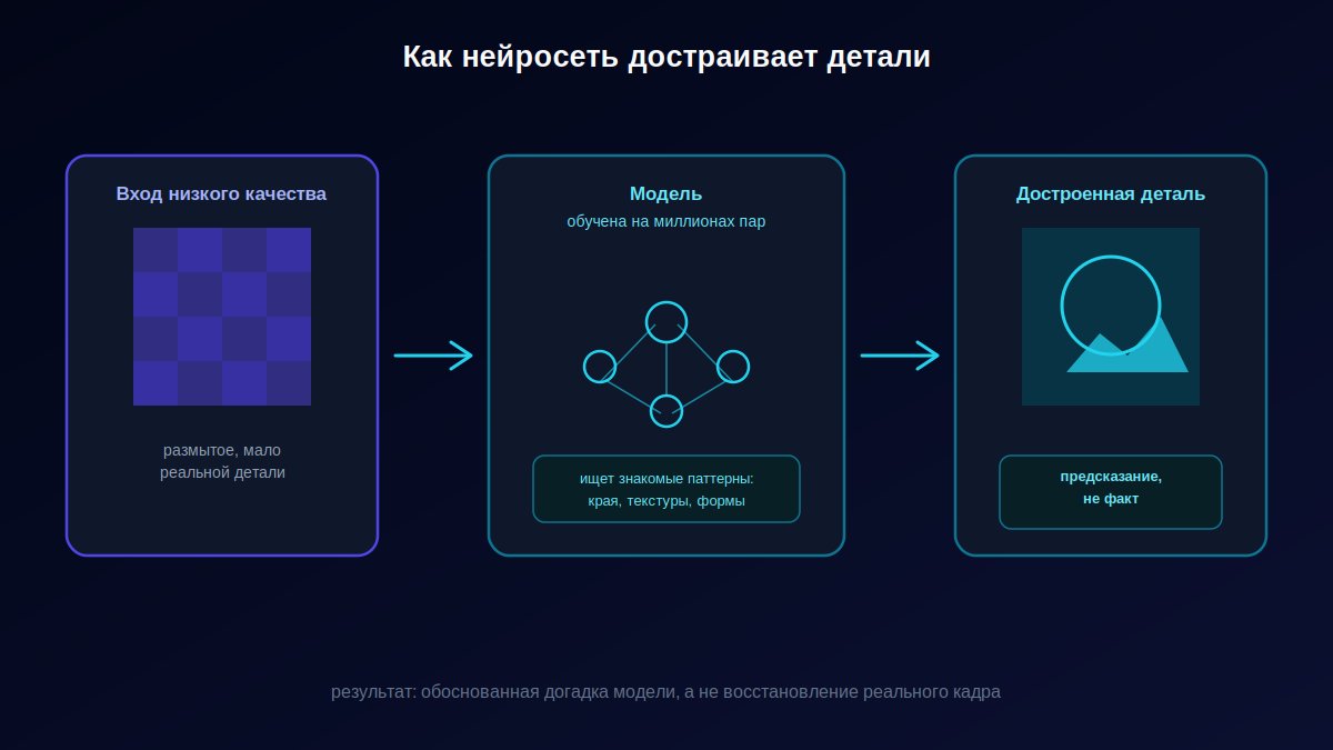 Схема работы нейросети супер-резолюции: вход низкого качества, обучение на парах фото, предсказание детали