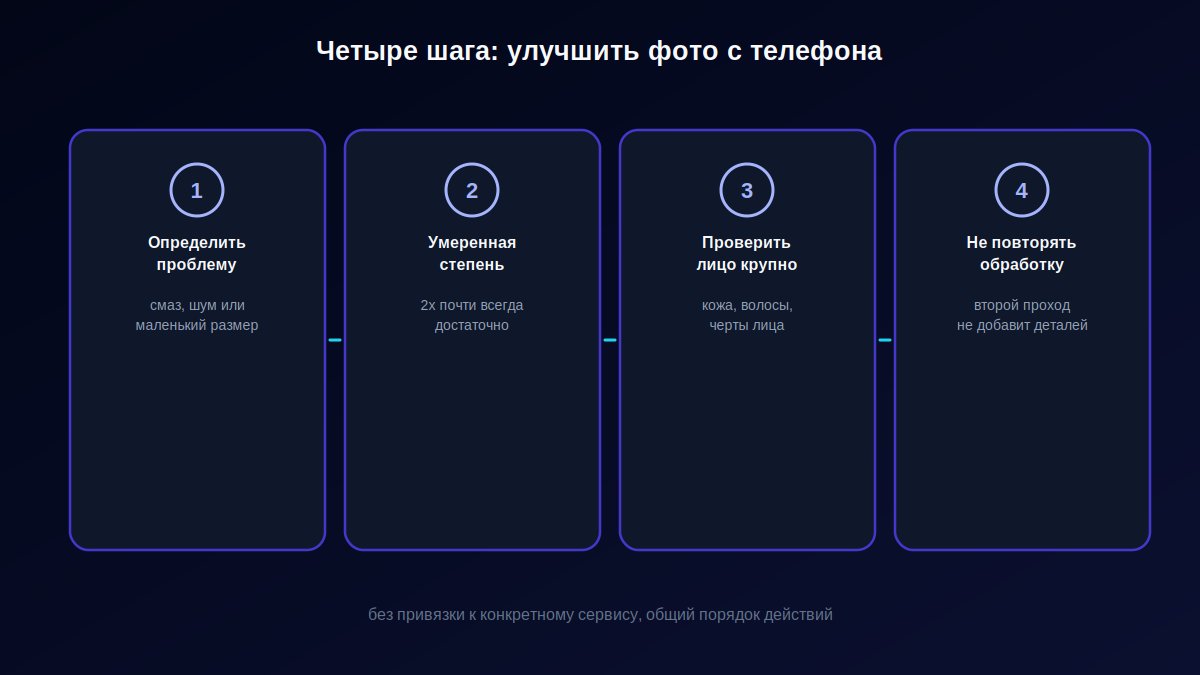 Четыре шага улучшения фото с телефона: определить проблему, умеренная степень, проверка лица, без повторной обработки